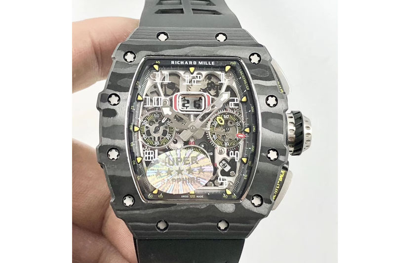 Richard Mille RM011 Carbon Case Chrono KVF 1:1 Best Edition Crystal Skeleton Yellow Dial on Black Rubber Strap A7750