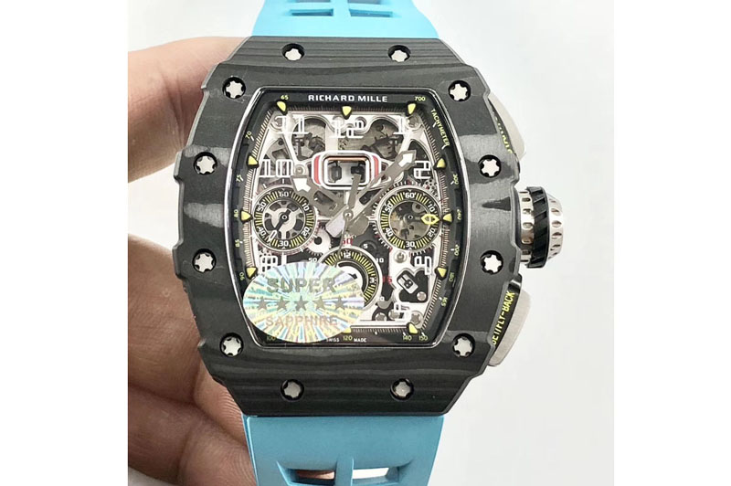 Richard Mille RM011 Carbon Case Chrono KVF 1:1 Best Edition Crystal Skeleton Yellow Dial on Blue Rubber Strap A7750