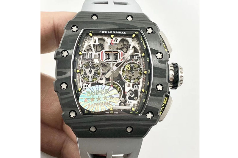Richard Mille RM011 Carbon Case Chrono KVF 1:1 Best Edition Crystal Skeleton Yellow Dial on Gray Rubber Strap A7750