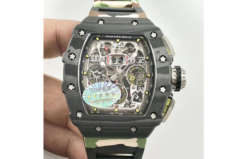Richard Mille RM011 Carbon Case Chrono KVF 1:1 Best Edition Crystal Skeleton Yellow Dial on Camo Rubber Strap A7750