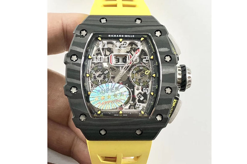 Richard Mille RM011 Carbon Case Chrono KVF 1:1 Best Edition Crystal Skeleton Yellow Dial on Yellow Rubber Strap A7750
