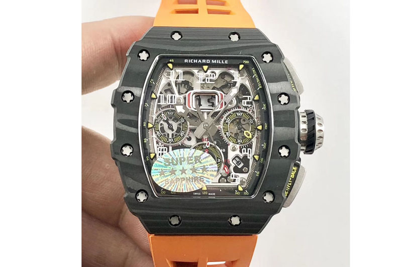 Richard Mille RM011 Carbon Case Chrono KVF 1:1 Best Edition Crystal Skeleton Yellow Dial on Orange Rubber Strap A7750