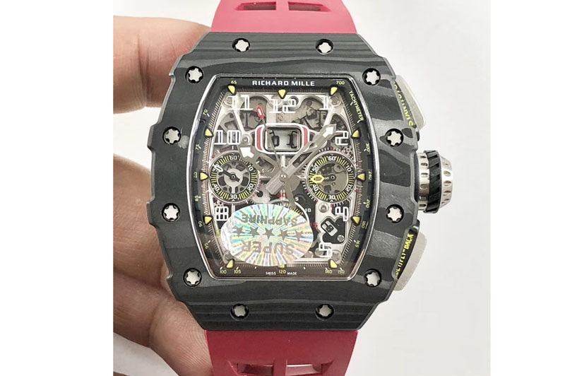 Richard Mille RM011 Carbon Case Chrono KVF 1:1 Best Edition Crystal Skeleton Yellow Dial on Red Rubber Strap A7750
