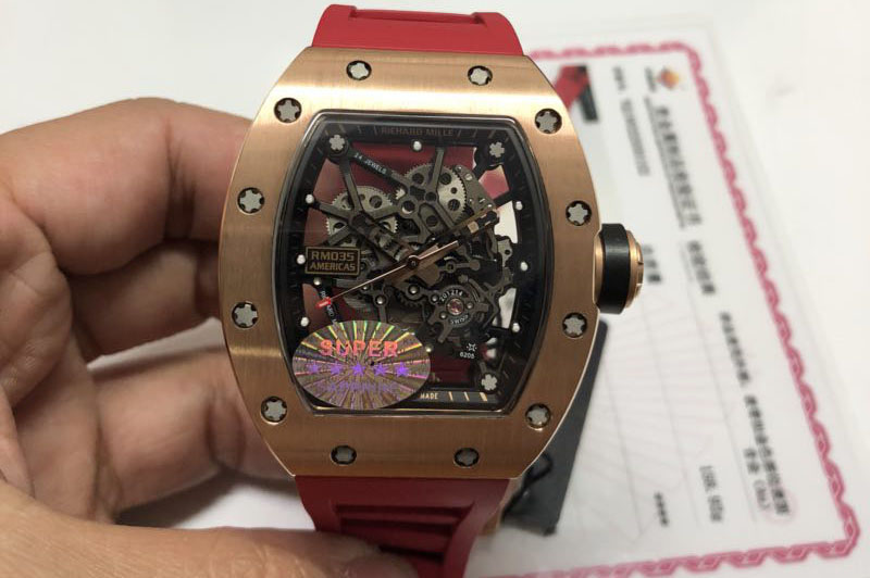 Gold Wrapped Richard Mille RM035-02 Americas RG KVF Best Edition Skeleton Dial on Red Rubber Strap MIYOTA8215