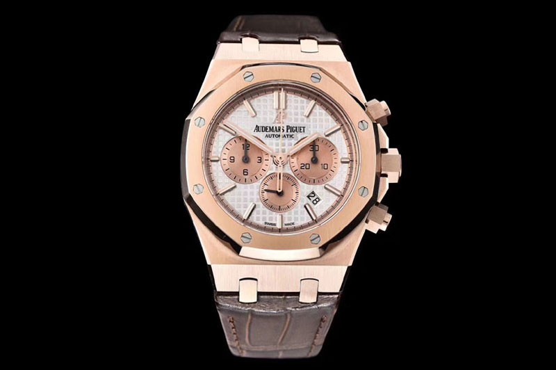 Audemars Piguet Royal Oak Chrono 26331ST RG OMF 1:1 Best Edition White dial on Brown Leather Strap A7750(Free Rubber Strap)