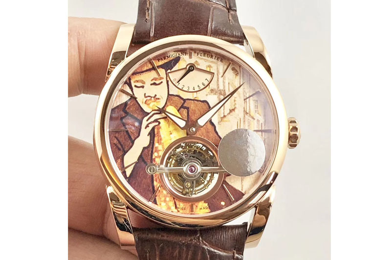 Parmigiani Fleurier Tonda Tourbillon Woodrock RG Real PR JBF Best Edition Red Man Dial on Brown Leather Strap