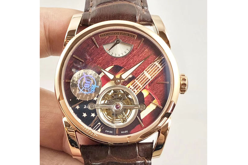 Parmigiani Fleurier Tonda Tourbillon Woodrock RG Real PR JBF Best Edition Red Dial on Brown Leather Strap