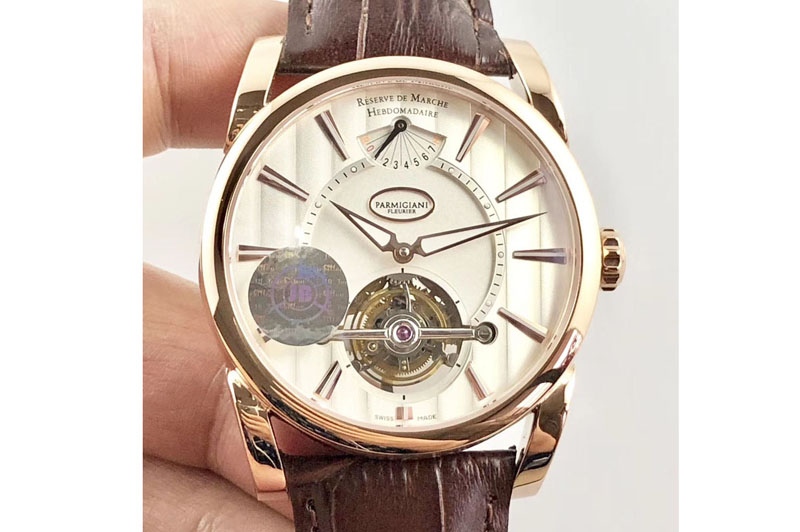 Parmigiani Fleurier Tonda Tourbillon Woodrock RG Real PR JBF Best Edition Silver Dial on Brown Leather Strap