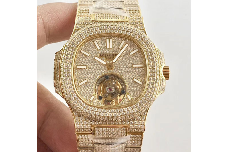 Patek Philippe Nautilus Jumbo 5711 Tourbillon YG Full Paved Diamonds White Dial And Bracelet
