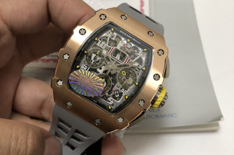 18K Gold Wrapped Richard Mille RM011 RG Chronograph Titanium KVF 1:1 Best Edition Crystal Skeleton Dial on Black Rubber Strap A7