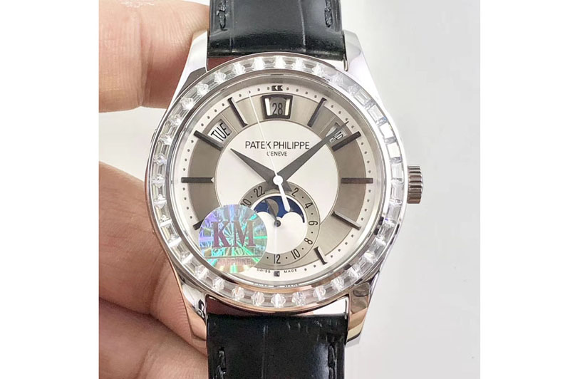 Patek Philippe Complications Series Moonphase SS KMF Diamond Bezel White Dial on Black Leather Strap Cal.324