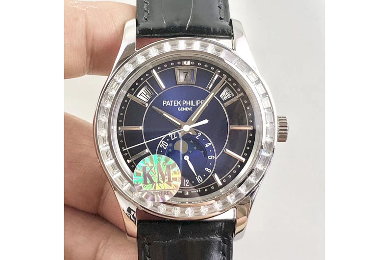 Patek Philippe Complications Series Moonphase SS KMF Diamond Bezel Blue Dial on Black Leather Strap Cal.324