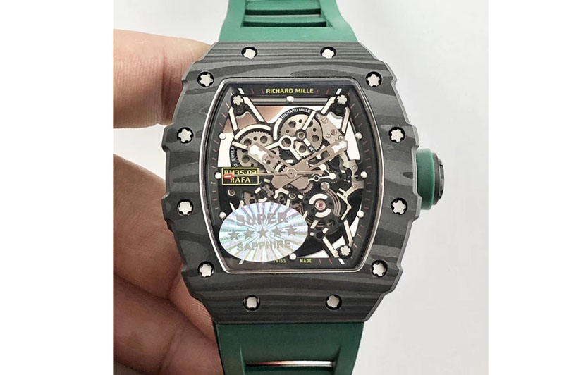 Richard Mille RM035-02 Forged Carbon Case KVF Best Edition Skeleton Dial Green Crown on Green Rubber Strap MIYOTA8215