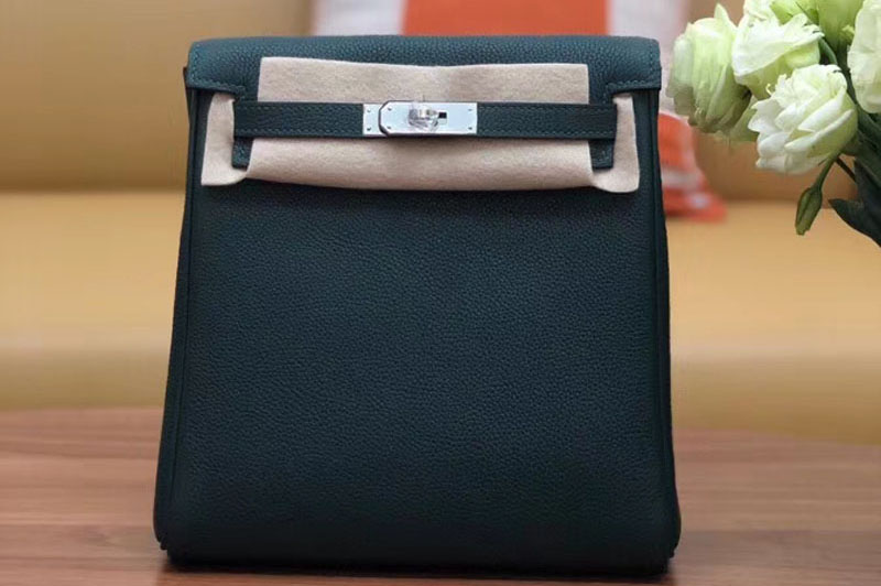 Hermes kelly ado 22cm backpack Original Togo Leather Full Handstitch Green Silver Hardware