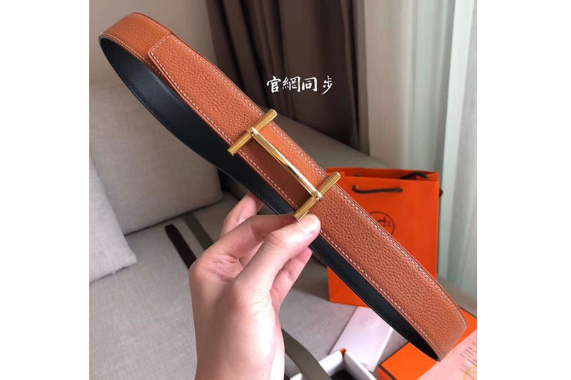 Hermes H D'ancre 32mm Reversible Leather Belt Original Tan/Black Togo Leather