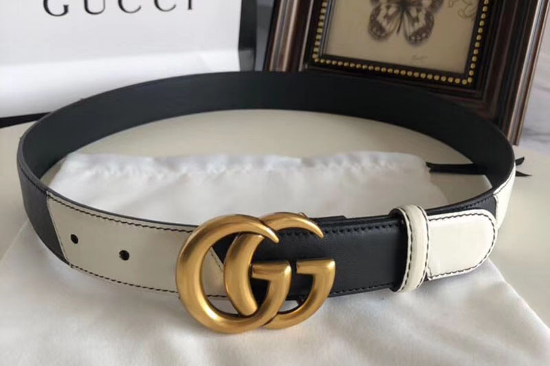 Gucci 582348 30cm Leather belt with Double G buckle Black and White Leather