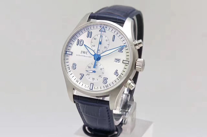 IWC Pilot Chrono SS IW387809 ZF 1:1 Best Edition Silver Dial Blue Numbers on Blue Leather Strap A7750