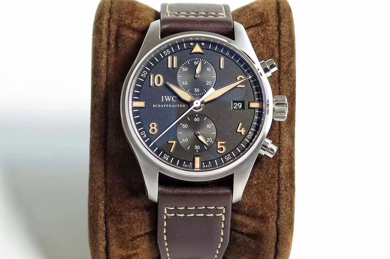 IWC Pilot Chrono SS IW387808 1:1 Best Edition Black Dial on Brown Leather Strap A7750