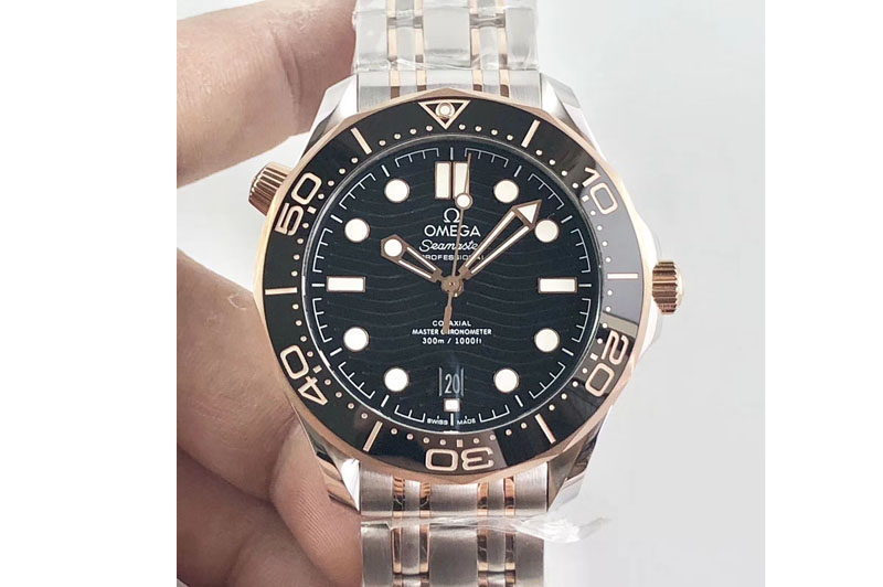 Omega 2018 Seamaster Diver 300M OMF Best Edition SS/RG Black Ceramic Black Dial on SS/RG Bracelet A8800 (Black Balance Wheel)