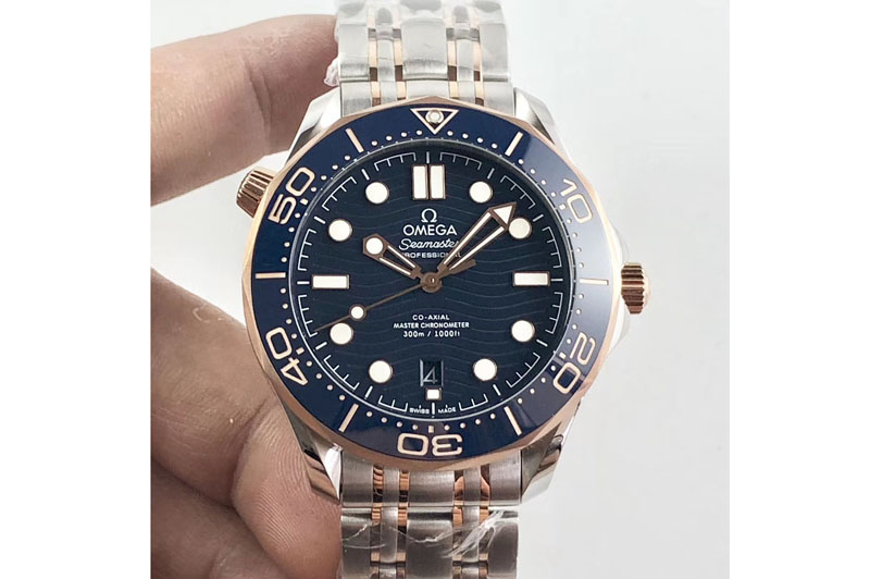 Omega 2018 Seamaster Diver 300M OMF Best Edition SS/RG Blue Ceramic Blue Dial on SS/RG Bracelet A8800 (Black Balance Wheel)