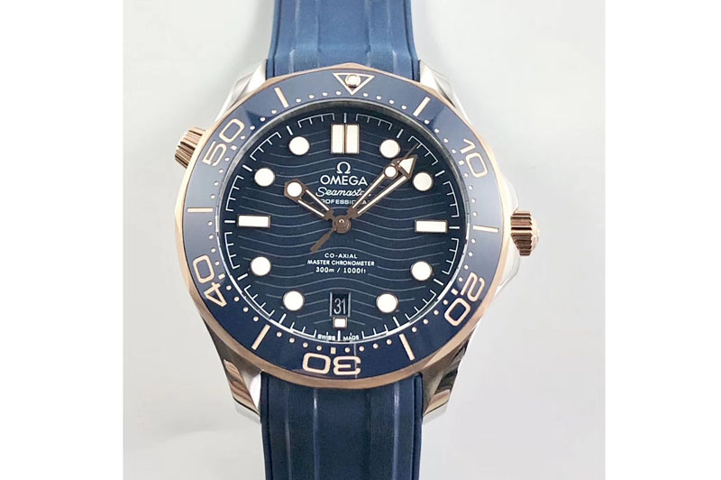 Omega 2018 Seamaster Diver 300M OMF Best Edition SS/RG Blue Ceramic Black Dial on Blue Rubber Strap A8800 (Black Balance Wheel)