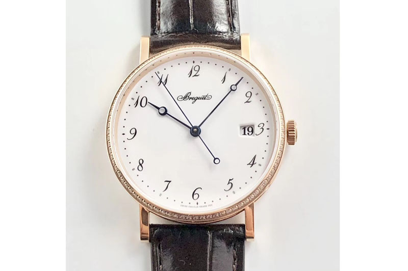 Breguet Classique Auto 5177 RG FK V3 1:1 Best Edition Diamond Bezel White Dial Numeral Markers On Brown Leather A777Q
