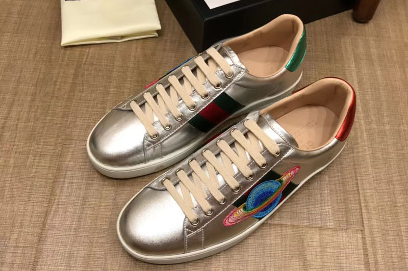 Gucci 386750 GG Ace embroidered sneaker Silver Leather Mens and Women Size