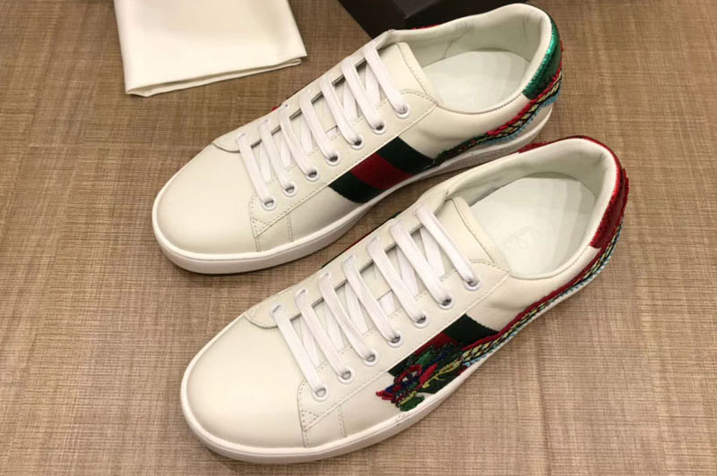 Gucci Ace embroidered sneaker With Embroidered Dragon White Leather Mens and Women Size