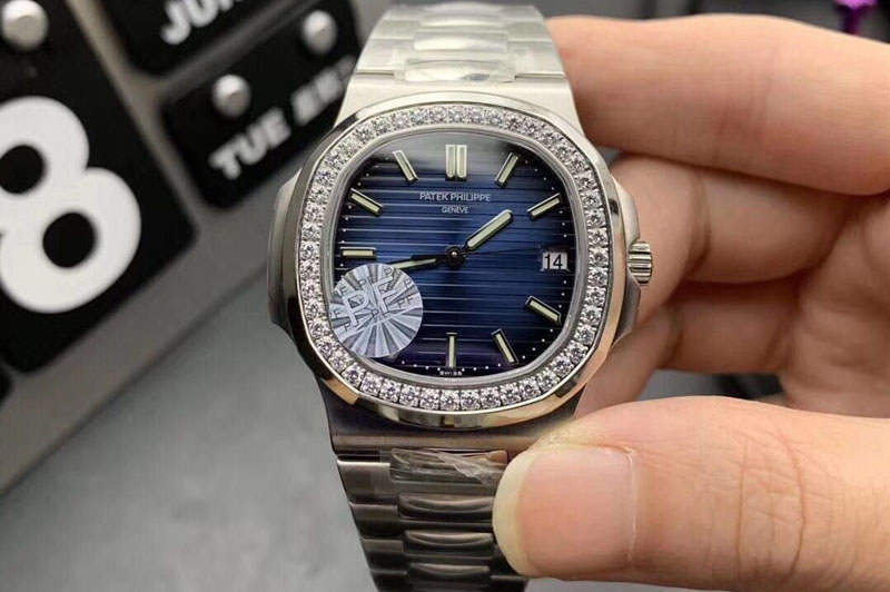 Patek Philippe Nautilus Jumbo 5711 PF 1:1 Best Edition Blue Textured Dial Diamonds Bezel on SS Bracelet A324 Clone