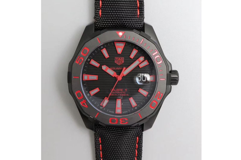 Tag Heuer Aquaracer Calibre 5 PVD 43mm V6F 1:1 Best Edition Black/Red Dial on Brown Nylon Strap A2824