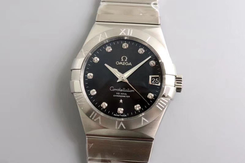 Omega Constellation 38mm SS VSF 1:1 Best Edition Black Dial Diamonds Markers on SS Bracelet A8500 Super Clone
