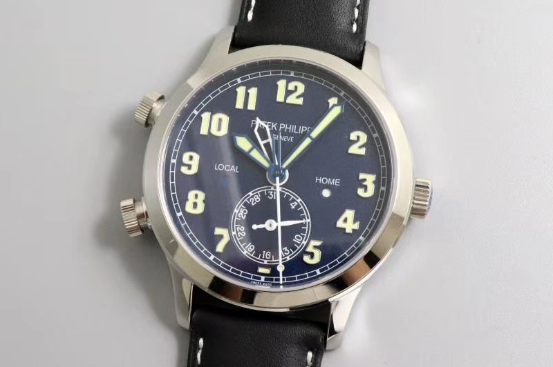 Patek Philippe Calatrava 5524G Pilot Travel Time GRF Blue Dial on Black Leather Strap MIYOTA 9015