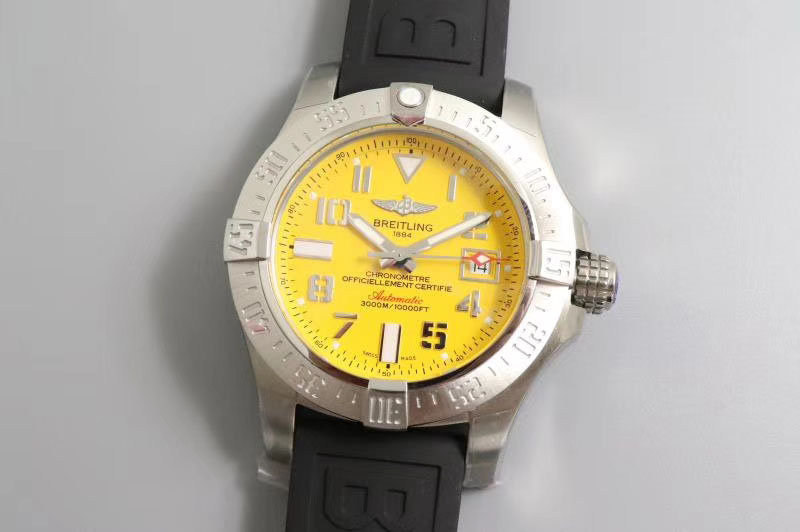 Breitling Avenger II Seawolf Titanium GF 1:1 Best Edition Yellow Dial Numeral Markers on Black Rubber Strap A2824