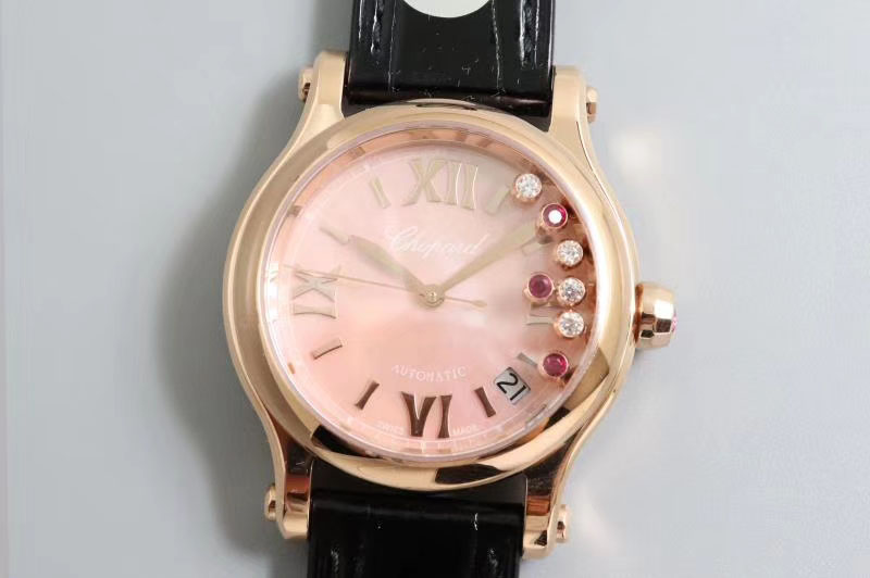 Chopard Happy Sport Medium Automatic 278559 Rose Gold 36mm YF Best Edtion Pink Dial on Black Leather Strap