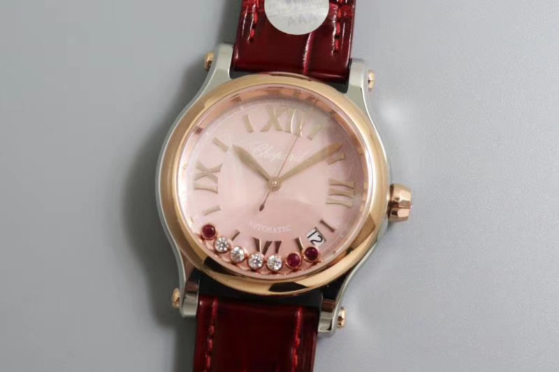 Chopard Happy Sport Medium Automatic 278559 Rose Gold/SS 36mm YF Best Edtion Pink Dial on Red Leather Strap