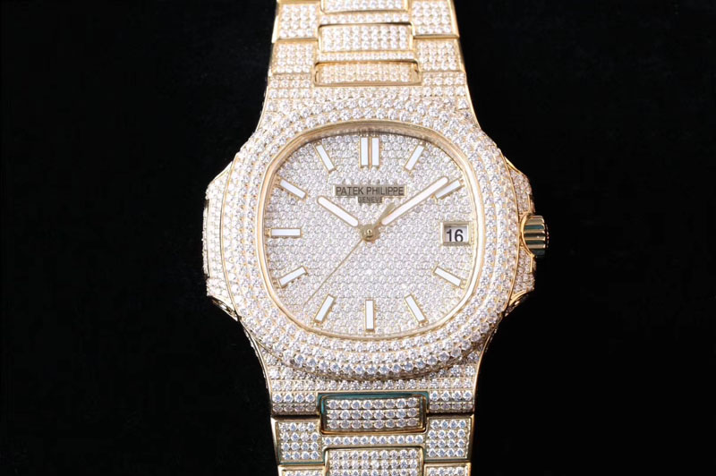 Patek Philippe Nautilus 5719/1G Yellow Gold Full Diamond PF 1:1 Best Edition on Full Diamond Bracelet A324 Clone