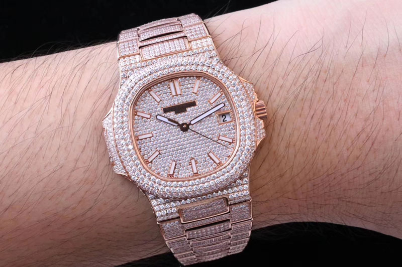 Patek Philippe Nautilus 5719/1R RG Full Diamond PF 1:1 Best Edition on Full Diamond Bracelet A324 Clone