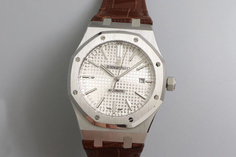 Audemars Piguet Royal Oak 41mm 15400 SS OMF 1:1 Best Edition White Textured Dial on Brown Leather Strap A3120