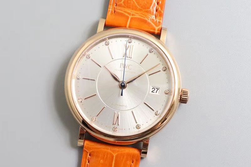 IWC Portofino Automatic 37 RG M+F 1:1 Best Edition Silver Dial on Orange Crocodile Strap A35111