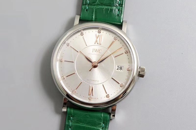 IWC Portofino Automatic 37 SS M+F 1:1 Best Edition Silver Dial on Green Crocodile Strap A35111