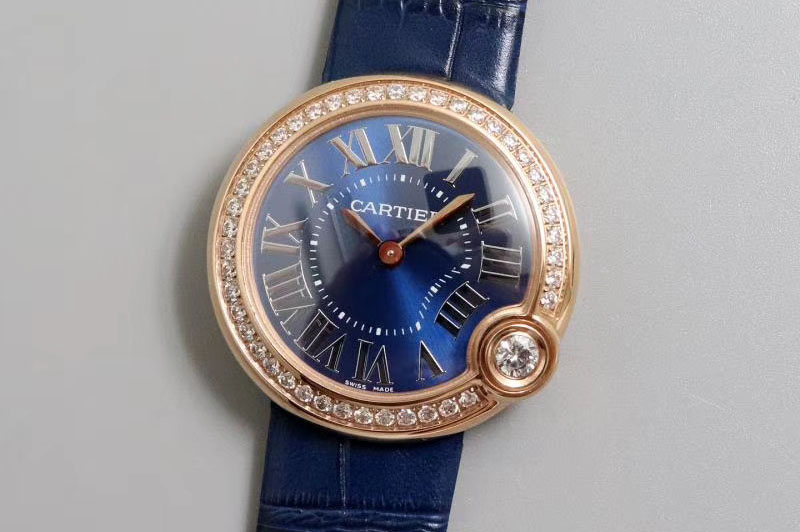 Ballon Bleu de Cartier 30mm 1:1 Best Edtion Diamond Bezel RG/LE Blue Dial Blue Leather strap Swiss Quartz