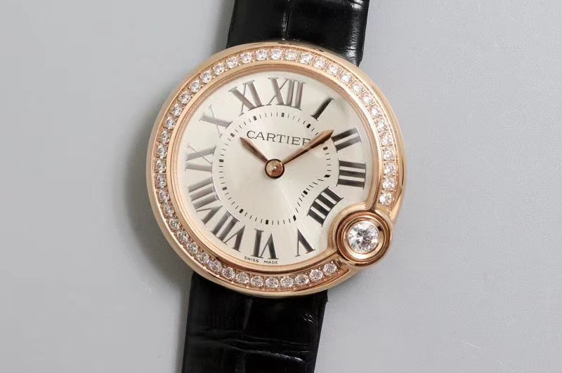 Ballon Bleu de Cartier 30mm 1:1 Best Edtion Diamond Bezel RG/LE White Dial Black Leather strap Swiss Quartz