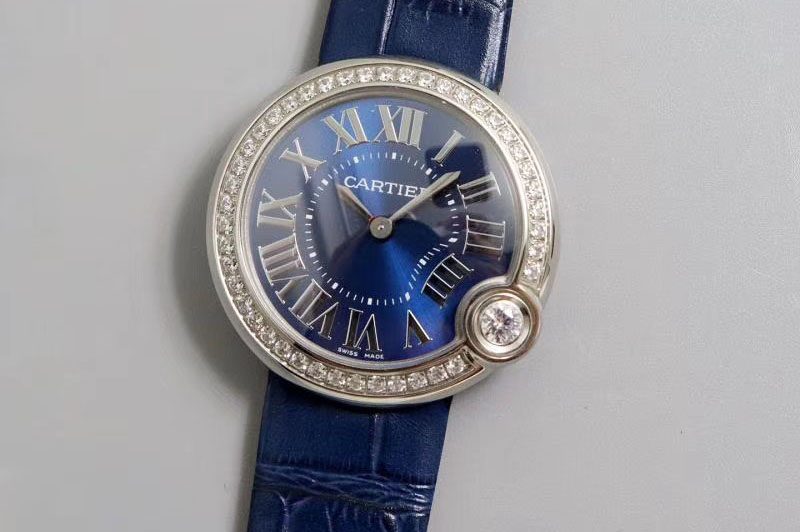 Ballon Bleu de Cartier 30mm 1:1 Best Edtion SS/LE Diamond Bezel Blue Dial Blue Leather strap Swiss Quartz