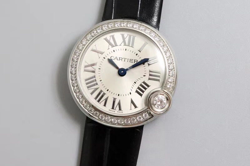 Ballon Bleu de Cartier 30mm 1:1 Best Edtion Diamond Bezel SS/LE White Dial Black Leather strap Swiss Quartz
