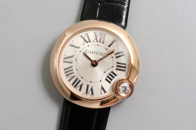 Ballon Bleu de Cartier 30mm 1:1 Best Edtion RG/LE White Dial Black Leather strap Swiss Quartz