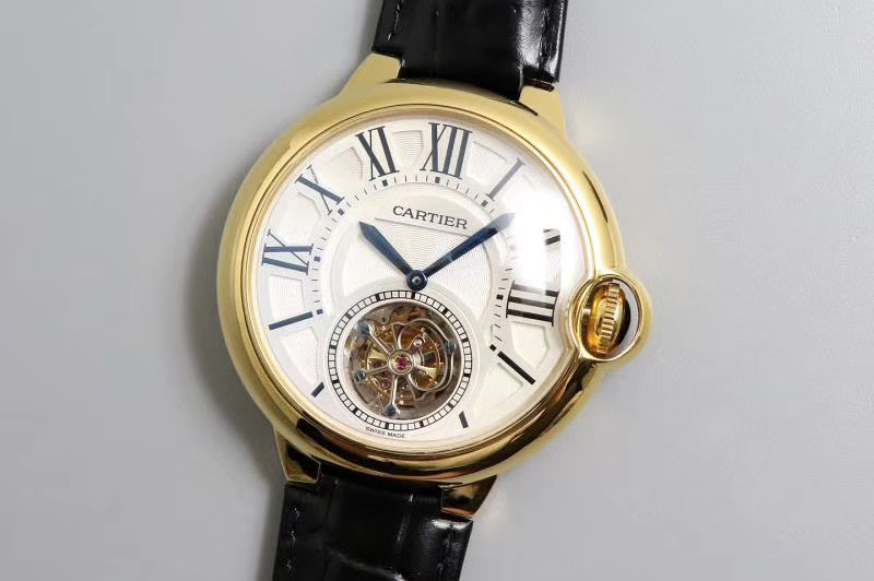 Cartier Ballon Bleu 42mm Tourbillon BL Best Edtion Yellow Gold White Dial Black Leather Strap
