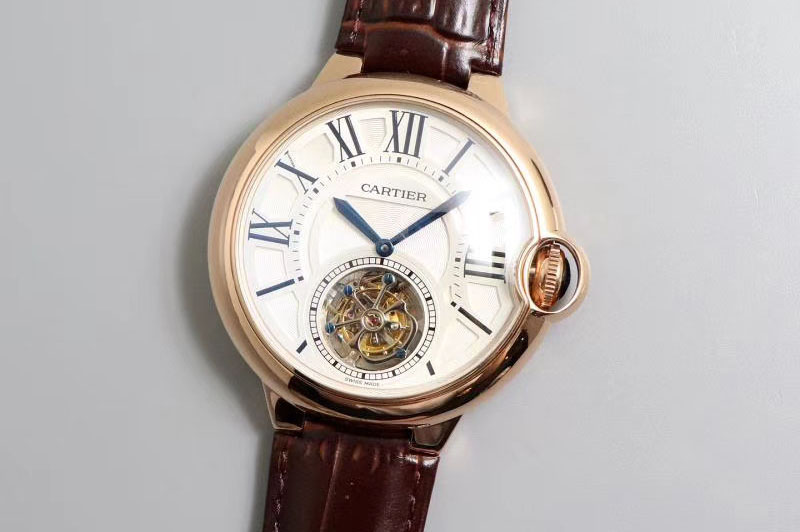Cartier Ballon Bleu 42mm Tourbillon BL Best Edtion Rose Gold White Dial Brown Leather Strap