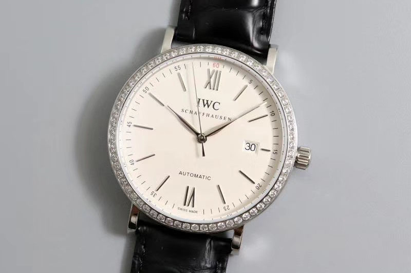 IWC Portofino Automatic IWS Best Edtion Diamond Bezel White Dial on Black Leather Strap A2892