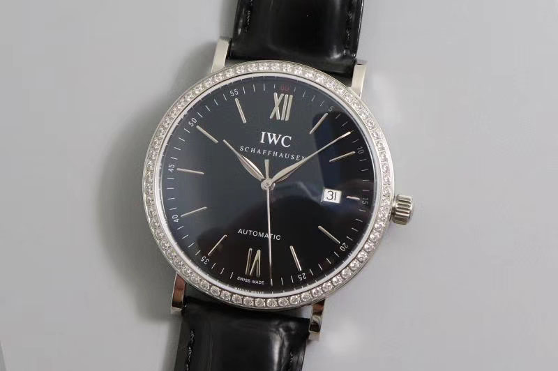 IWC Portofino Automatic IWS Best Edtion Diamond Bezel Black Dial on Black Leather Strap A2892