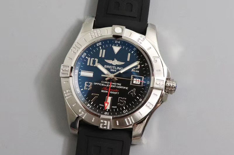 Breitling Avenger GMT SS GF 1:1 Best Edition Black Dial Numeral Markers on Black rubber Strap A2836